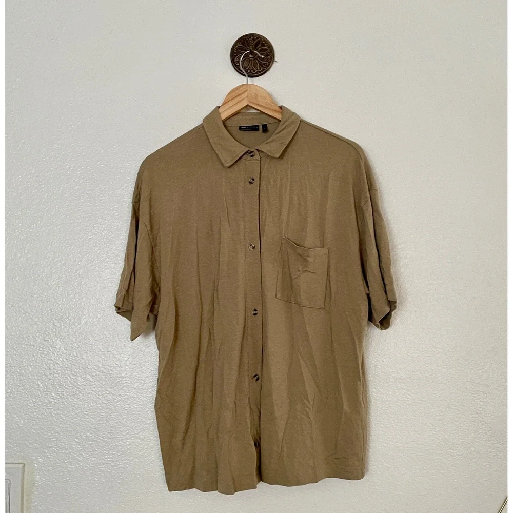 ASOS DESIGN Mens Short Sleeve Linen Blend Button Up Shirt Tan Khaki Size M‎